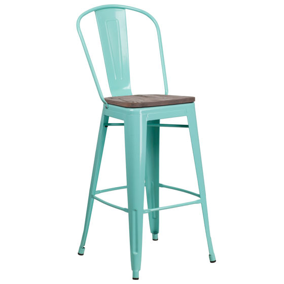 30" High Mint Green Metal Barstool with Back and Wood Seat ET-3534-30-MINT-WD-GG