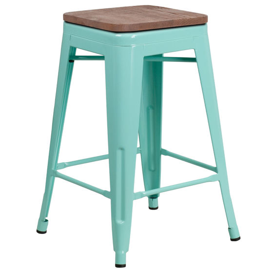 24" High Backless Mint Green Counter Height Stool with Square Wood Seat ET-BT3503-24-MINT-WD-GG