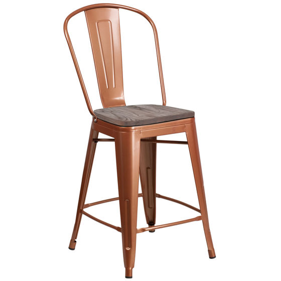 24" High Copper Metal Counter Height Stool with Back and Wood Seat ET-3534-24-POC-WD-GG
