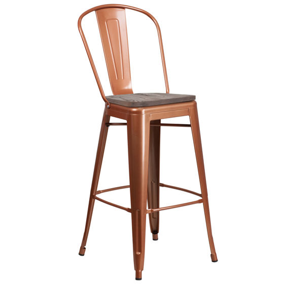 30" High Copper Metal Barstool with Back and Wood Seat ET-3534-30-POC-WD-GG