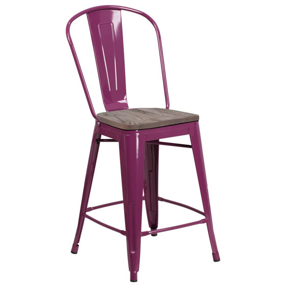 24" High Purple Metal Counter Height Stool with Back and Wood Seat ET-3534-24-PUR-WD-GG