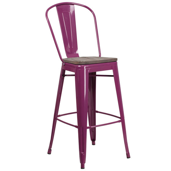 30" High Purple Metal Barstool with Back and Wood Seat ET-3534-30-PUR-WD-GG