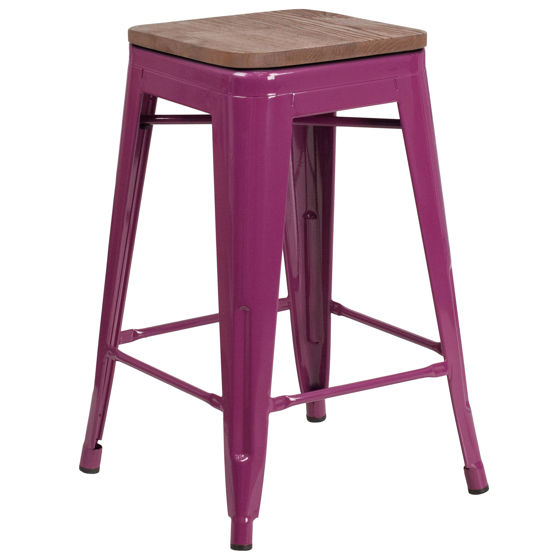 24" High Backless Purple Counter Height Stool with Square Wood Seat ET-BT3503-24-PUR-WD-GG