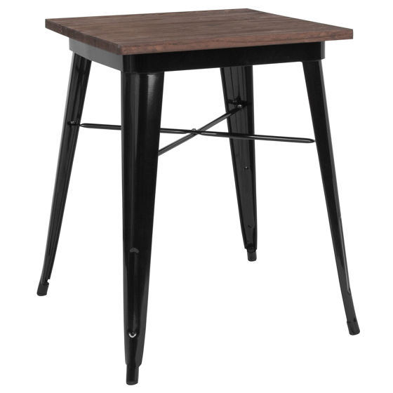 23.5" Square Black Metal Indoor Table with Walnut Rustic Wood Top CH-31330-29M1-BK-GG