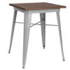 23.5" Square Silver Metal Indoor Table with Walnut Rustic Wood Top CH-31330-29M1-SIL-GG