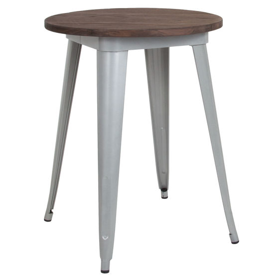 24" Round Silver Metal Indoor Table with Walnut Rustic Wood Top CH-51080-29M1-SIL-GG