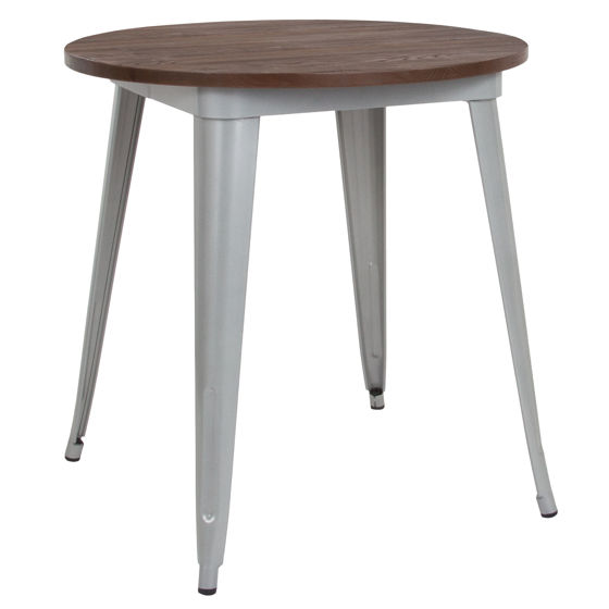 30" Round Silver Metal Indoor Table with Walnut Rustic Wood Top CH-51090-29M1-SIL-GG