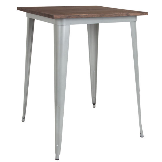 31.5" Square Silver Metal Indoor Bar Height Table with Walnut Rustic Wood Top CH-51040-40M1-SIL-GG