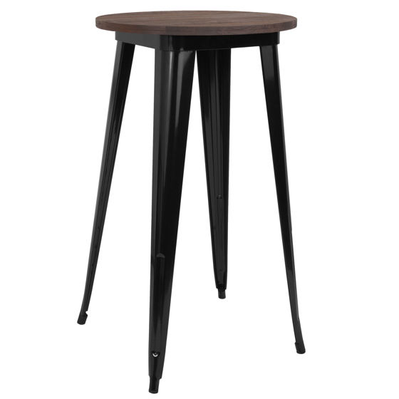 24" Round Black Metal Indoor Bar Height Table with Walnut Rustic Wood Top CH-51080-40M1-BK-GG