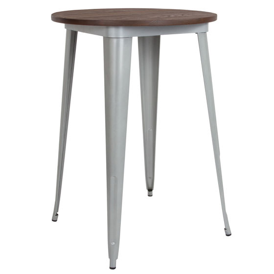 30" Round Silver Metal Indoor Bar Height Table with Walnut Rustic Wood Top CH-51090-40M1-SIL-GG