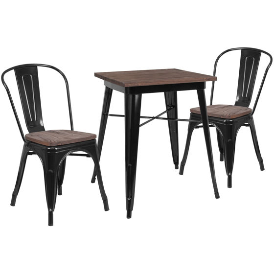 23.5" Square Black Metal Table Set with Wood Top and 2 Stack Chairs CH-WD-TBCH-15-GG