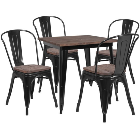 31.5" Square Black Metal Table Set with Wood Top and 4 Stack Chairs CH-WD-TBCH-18-GG