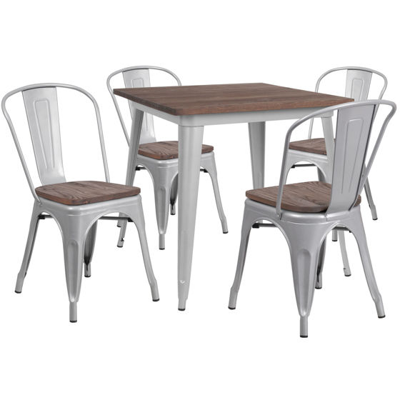 31.5" Square Silver Metal Table Set with Wood Top and 4 Stack Chairs CH-WD-TBCH-4-GG