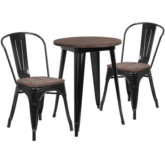 24" Round Black Metal Table Set with Wood Top and 2 Stack Chairs CH-WD-TBCH-21-GG