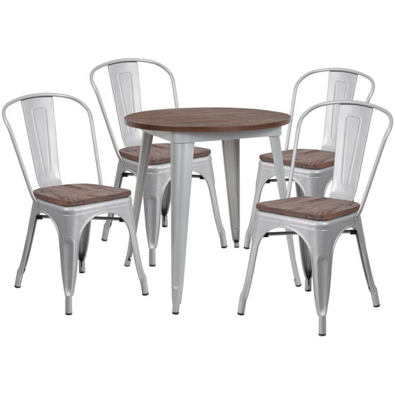 26" Round Silver Metal Table Set with Wood Top and 4 Stack Chairs  CH-WD-TBCH-10-GG