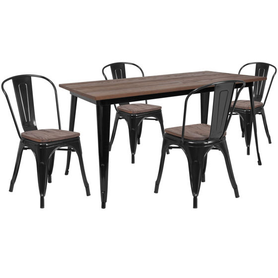 30.25" x 60" Black Metal Table Set with Wood Top and 4 Stack Chairs CH-WD-TBCH-27-GG