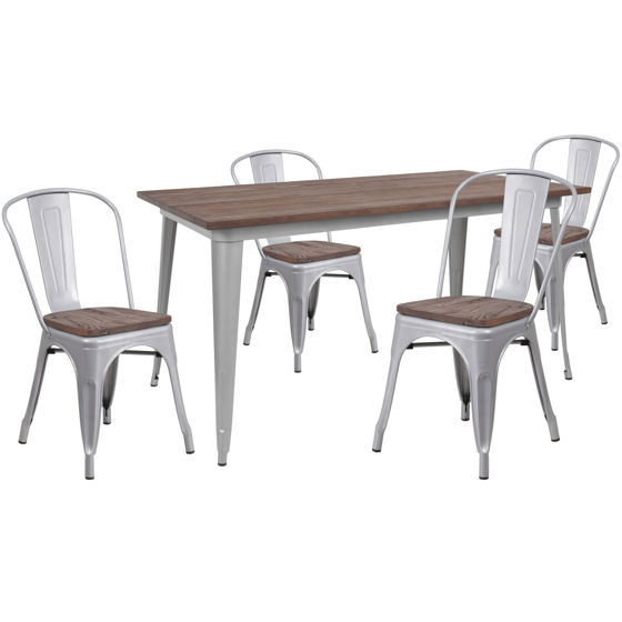 30.25" x 60" Silver Metal Table Set with Wood Top and 4 Stack Chairs CH-WD-TBCH-13-GG