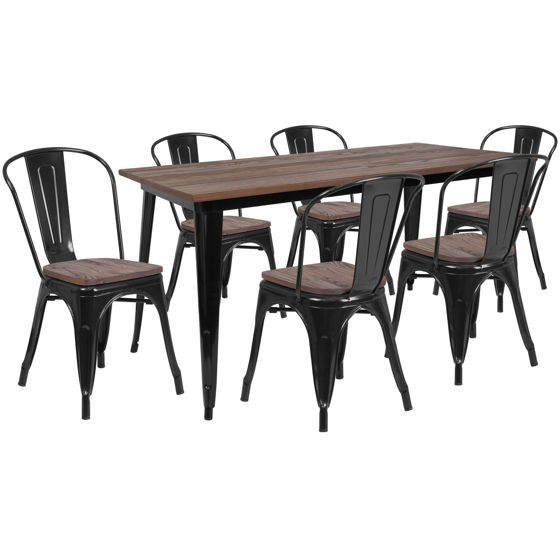 30.25" x 60" Black Metal Table Set with Wood Top and 6 Stack Chairs CH-WD-TBCH-28-GG