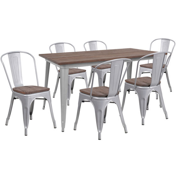 30.25" x 60" Silver Metal Table Set with Wood Top and 6 Stack Chairs CH-WD-TBCH-14-GG