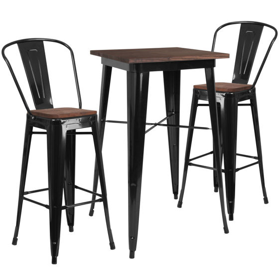23.5" Square Black Metal Bar Table Set with Wood Top and 2 Stools CH-WD-TBCH-16-GG