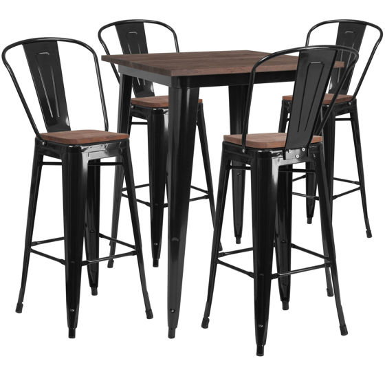 31.5" Square Black Metal Bar Table Set with Wood Top and 4 Stools CH-WD-TBCH-19-GG