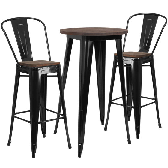 24" Round Black Metal Bar Table Set with Wood Top and 2 Stools CH-WD-TBCH-22-GG