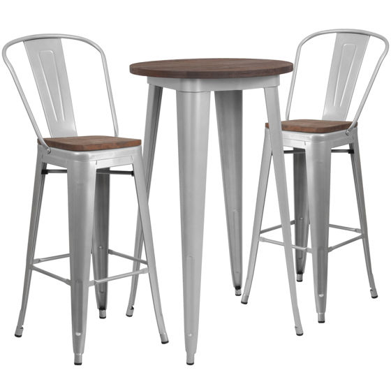 24" Round Silver Metal Bar Table Set with Wood Top and 2 Stools CH-WD-TBCH-8-GG