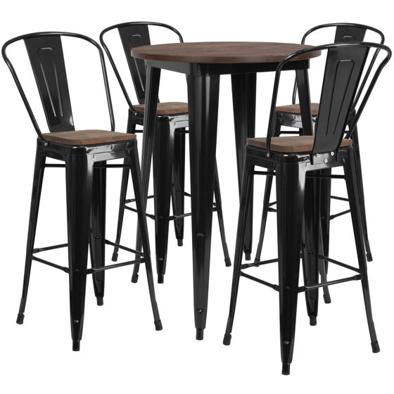 30" Round Black Metal Bar Table Set with Wood Top and 4 Stools CH-WD-TBCH-25-GG