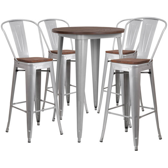 30" Round Silver Metal Bar Table Set with Wood Top and 4 Stools CH-WD-TBCH-11-GG