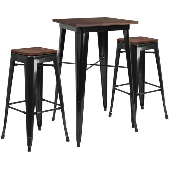 23.5" Square Black Metal Bar Table Set with Wood Top and 2 Backless Stools CH-WD-TBCH-17-GG