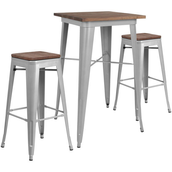 23.5" Square Silver Metal Bar Table Set with Wood Top and 2 Backless Stools CH-WD-TBCH-3-GG