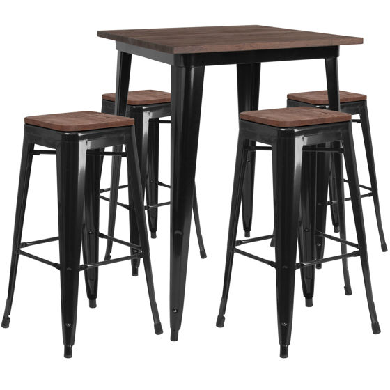 31.5" Square Black Metal Bar Table Set with Wood Top and 4 Backless Stools CH-WD-TBCH-20-GG