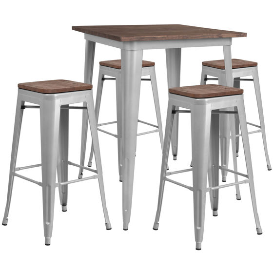 31.5" Square Silver Metal Bar Table Set with Wood Top and 4 Backless Stools CH-WD-TBCH-6-GG