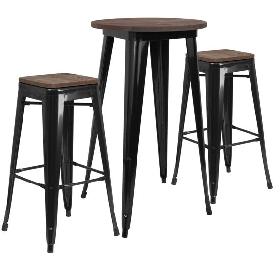 24" Round Black Metal Bar Table Set with Wood Top and 2 Backless Stools CH-WD-TBCH-23-GG