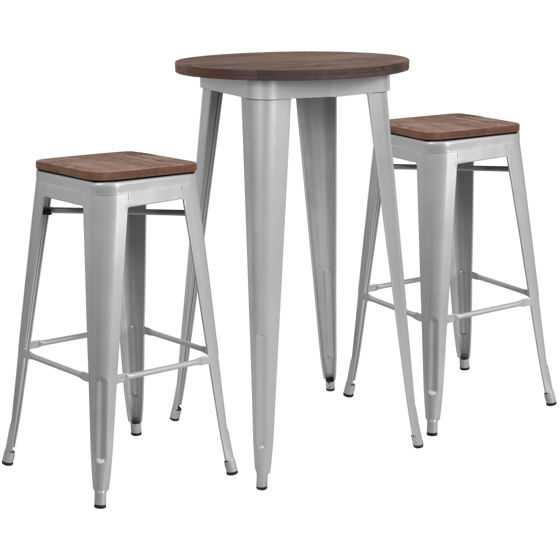 24" Round Silver Metal Bar Table Set with Wood Top and 2 Backless Stools CH-WD-TBCH-9-GG