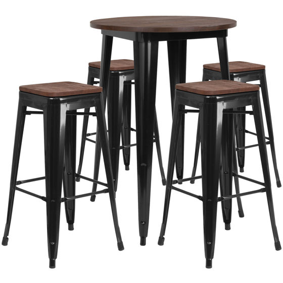 30" Round Black Metal Bar Table Set with Wood Top and 4 Backless Stools CH-WD-TBCH-26-GG