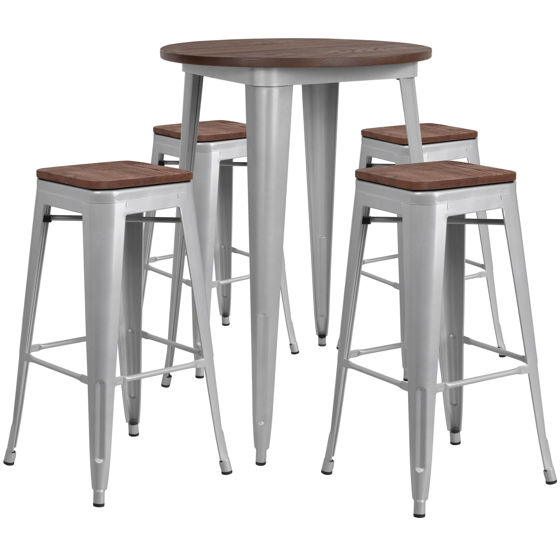 30" Round Silver Metal Bar Table Set with Wood Top and 4 Backless Stools CH-WD-TBCH-12-GG