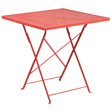 Oia Commercial Grade 28" Square Coral Indoor-Outdoor Steel Folding Patio Table CO-1-RED-GG