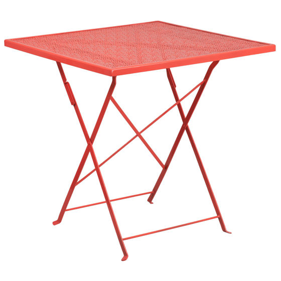 Oia Commercial Grade 28" Square Coral Indoor-Outdoor Steel Folding Patio Table CO-1-RED-GG