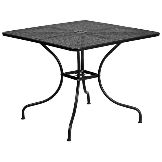 Oia Commercial Grade 35.5" Square Black Indoor-Outdoor Steel Patio Table with Umbrella Hole CO-6-BK-GG