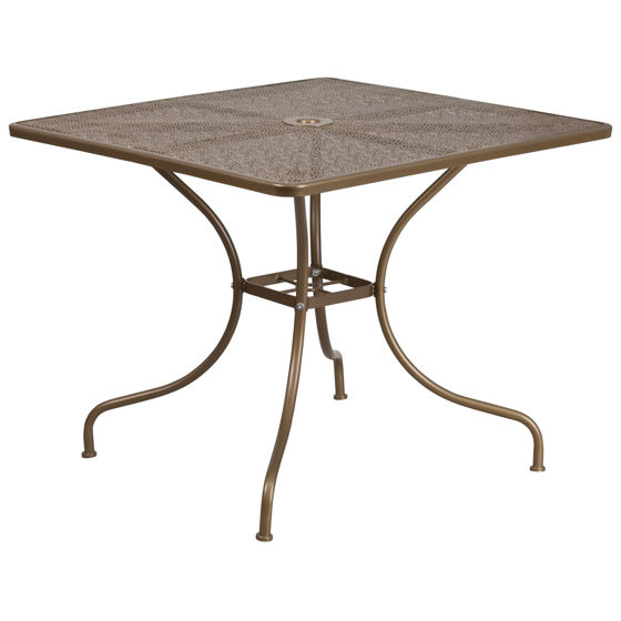 Oia Commercial Grade 35.5" Square Gold Indoor-Outdoor Steel Patio Table with Umbrella Hole CO-6-GD-GG