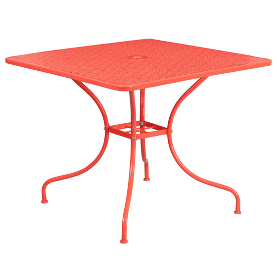 Oia Commercial Grade 35.5" Square Coral Indoor-Outdoor Steel Patio Table with Umbrella Hole CO-6-RED-GG
