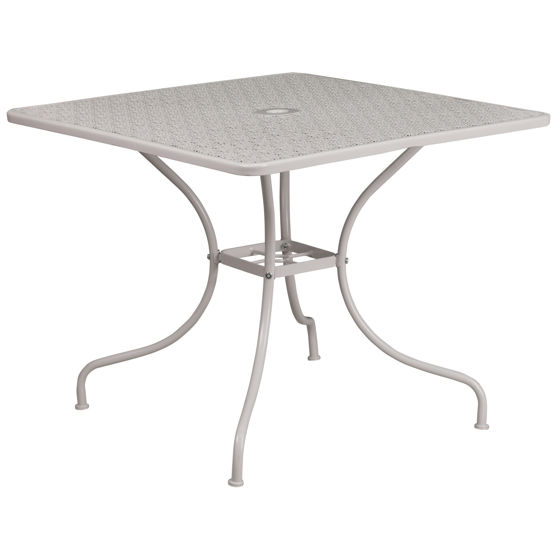 Oia Commercial Grade 35.5" Square Light Gray Indoor-Outdoor Steel Patio Table with Umbrella Hole CO-6-SIL-GG