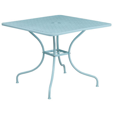 Oia Commercial Grade 35.5" Square Sky Blue Indoor-Outdoor Steel Patio Table with Umbrella Hole CO-6-SKY-GG