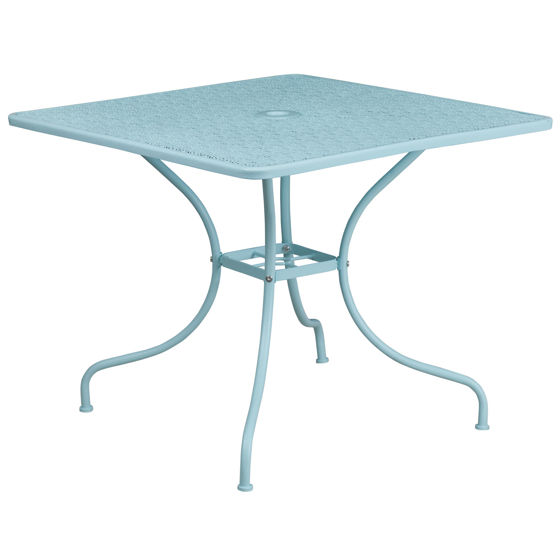 Oia Commercial Grade 35.5" Square Sky Blue Indoor-Outdoor Steel Patio Table with Umbrella Hole CO-6-SKY-GG