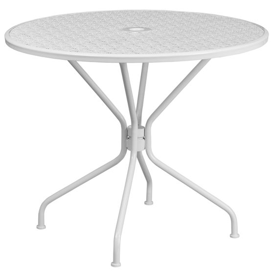 Oia Commercial Grade 35.25" Round White Indoor-Outdoor Steel Patio Table with Umbrella Hole CO-7-WH-GG