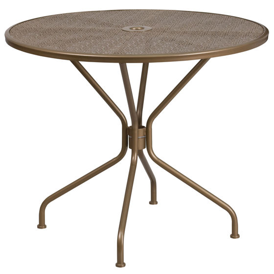 Oia Commercial Grade 35.25" Round Gold Indoor-Outdoor Steel Patio Table with Umbrella Hole CO-7-GD-GG