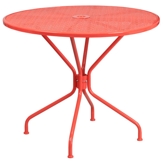 Oia Commercial Grade 35.25" Round Coral Indoor-Outdoor Steel Patio Table with Umbrella Hole CO-7-RED-GG