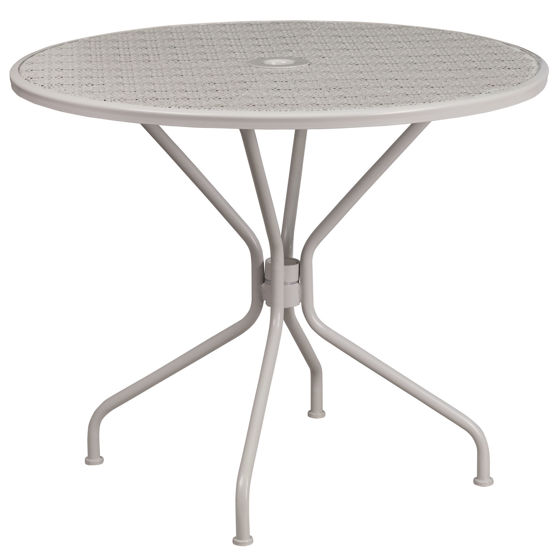 Oia Commercial Grade 35.25" Round Light Gray Indoor-Outdoor Steel Patio Table with Umbrella Hole CO-7-SIL-GG