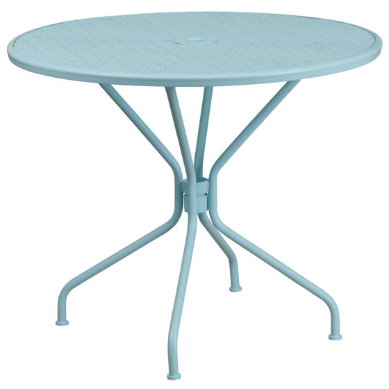 Oia Commercial Grade 35.25" Round Sky Blue Indoor-Outdoor Steel Patio Table with Umbrella Hole CO-7-SKY-GG